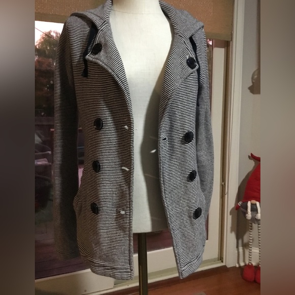 Roxy Knit Pea Coat Hooded Striped Navy White Size X-Small - Picture 3 of 8